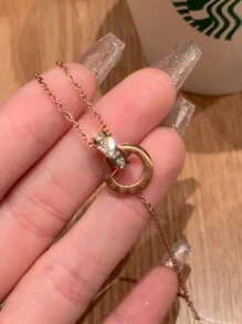 VceTd 1 件不锈钢双环手链，镶嵌锆石，适合日常佩戴 - 玫瑰金 - 查看 3