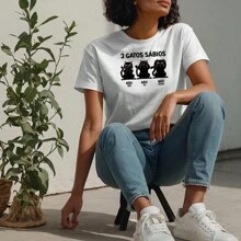 Women's T-Shirt Three Wise Cats I Don't Know, I Didn't See, I Didn't Hear - Kitten - Pet - Black Cat - trắng - Xem 5