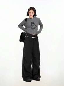 Jersey de punto de manga larga con estampado de gato gris para mujer, jersey corto ajustado y de cuello redondo de moda, para otoño e invierno, tops de manga larga