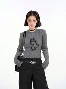 Jersey de punto de manga larga con estampado de gato gris para mujer, jersey corto ajustado y de cuello redondo de moda, para otoño e invierno, tops de manga larga
