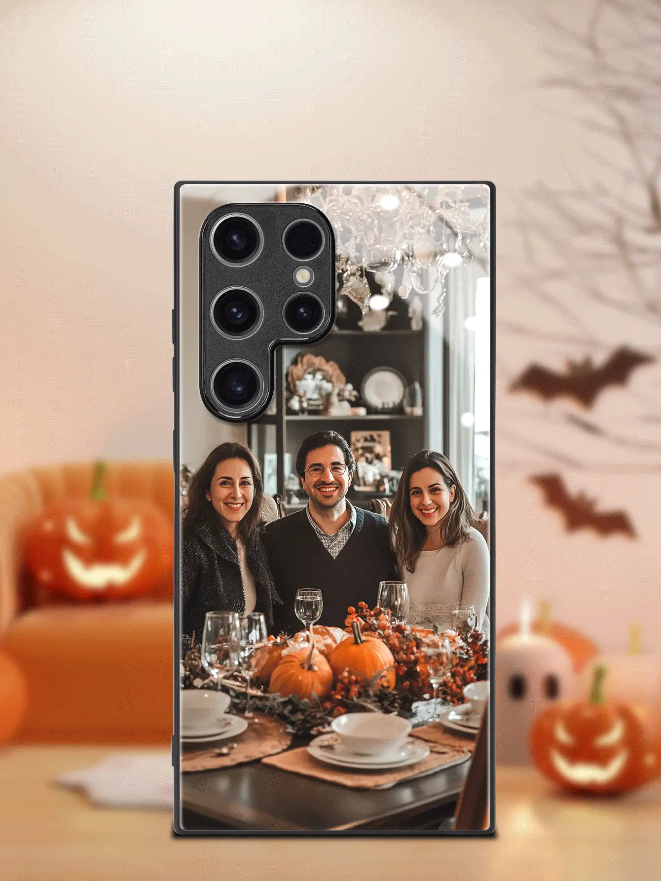 1pc Summer Phone Case, Thanksgiving Family/Couple/Pet Photo Personalized Customization, High-Definition Glass Phone Case Compatible With Apple 16 Pro Max/17 Pro Max/17 Air/ S24 Ultra/ And Other Models - Black - View 4