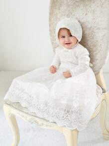 Baby Girl 3-24 Months Christening Dress With Hat, Long Gown