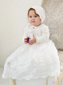 Baby Girl 3-24 Months Christening Dress With Hat, Long Gown