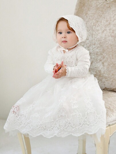 Baby Girl 3-24 Months Christening Dress With Hat, Long Gown
