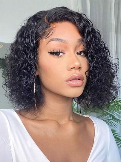 短卷发 BOB 13*4 蕾丝前假发 水卷曲人发透明蕾丝前假发 易于安装 自然外观巴西假发 预拔婴儿头发 自然发际线 180% 密度假发 女士