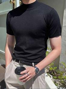 Men's T-Shirt Solid Turtleneck Neck Knitted Tops - 黑色 - 查看 1