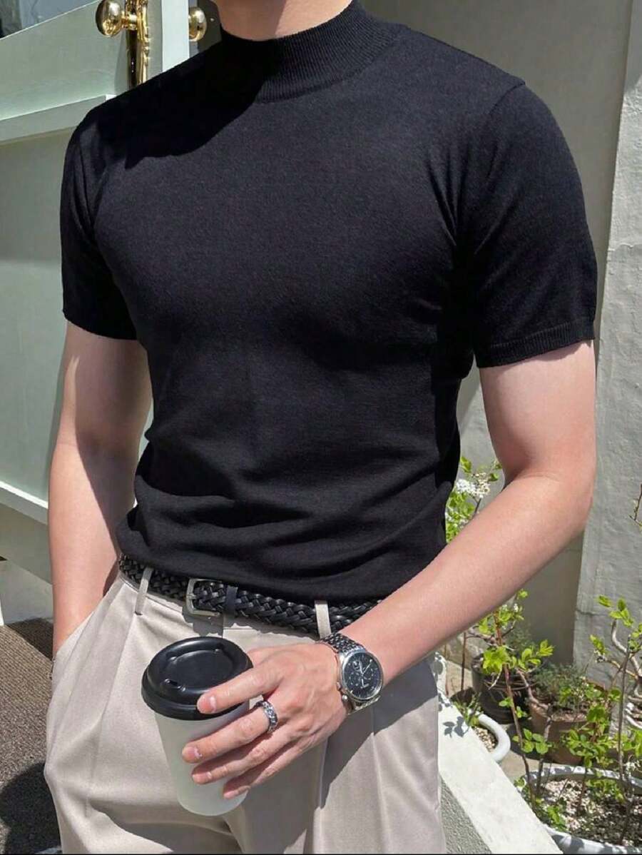 Men's T-Shirt Solid Turtleneck Neck Knitted Tops - 黑色 - 查看 1