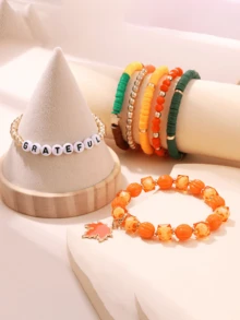 7PCS/Vòng tay chủ đề lá phong Lễ Tạ ơn cho trẻ em có thể tùy chỉnh Vòng tay chữ cái bằng gốm mềm hạt gạo cam Lễ hội thu hoạch mùa thu mới Bộ 7 món Quà tặng mùa đông cho bé trai bé gái Ngày lễ tình nhân - Nhiều màu - Xem 8
