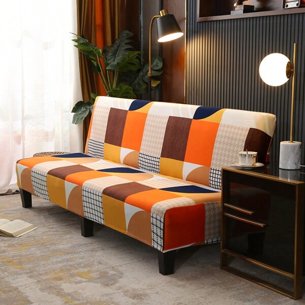 1pc Geometric Color Block Patchwork Sofa/Bed Cover, Stretch All-Inclusive Polyester Sofa Slipcover, Suitable For Hotel & Home Use