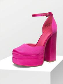 Women Platform High Chunky Block Heels Pumps Square Closed Toe Ankle Strap Solid Color Wedding Party Prom Festival Shoes - Màu Hoa hồng đỏ - Xem 7