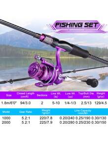 SOUGAYILANG 1.8M Fishing Pole Set, 2 Sections 5-10LB Carbon Fishing Rod With EVA Handle And 5.2:1 Gear Ratio Spinning Reel ,Lures, Hooks,Fishing Line,Fishing Kit For Saltwater Freshwater Fishing Set (Fishing Line Color Model Random) - Purple - View 7