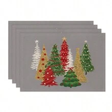1 pièce/4 pièces/6 pièces Set de sets de table en lin de Noël avec des motifs de fête comme le sapin de Noël, le houx, le flocon de neige. Dessous de plat durables pour la table à manger, convenant pour la maison, le restaurant, la décoration de Noël