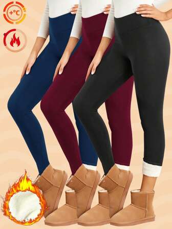 3 Stück Damen Einfarbige Winter Dicke Thermisch Gefütterte Leggings, Lässige Vielseitige Thermohosen, Super Bequeme Hohe Taille Winter Leggings