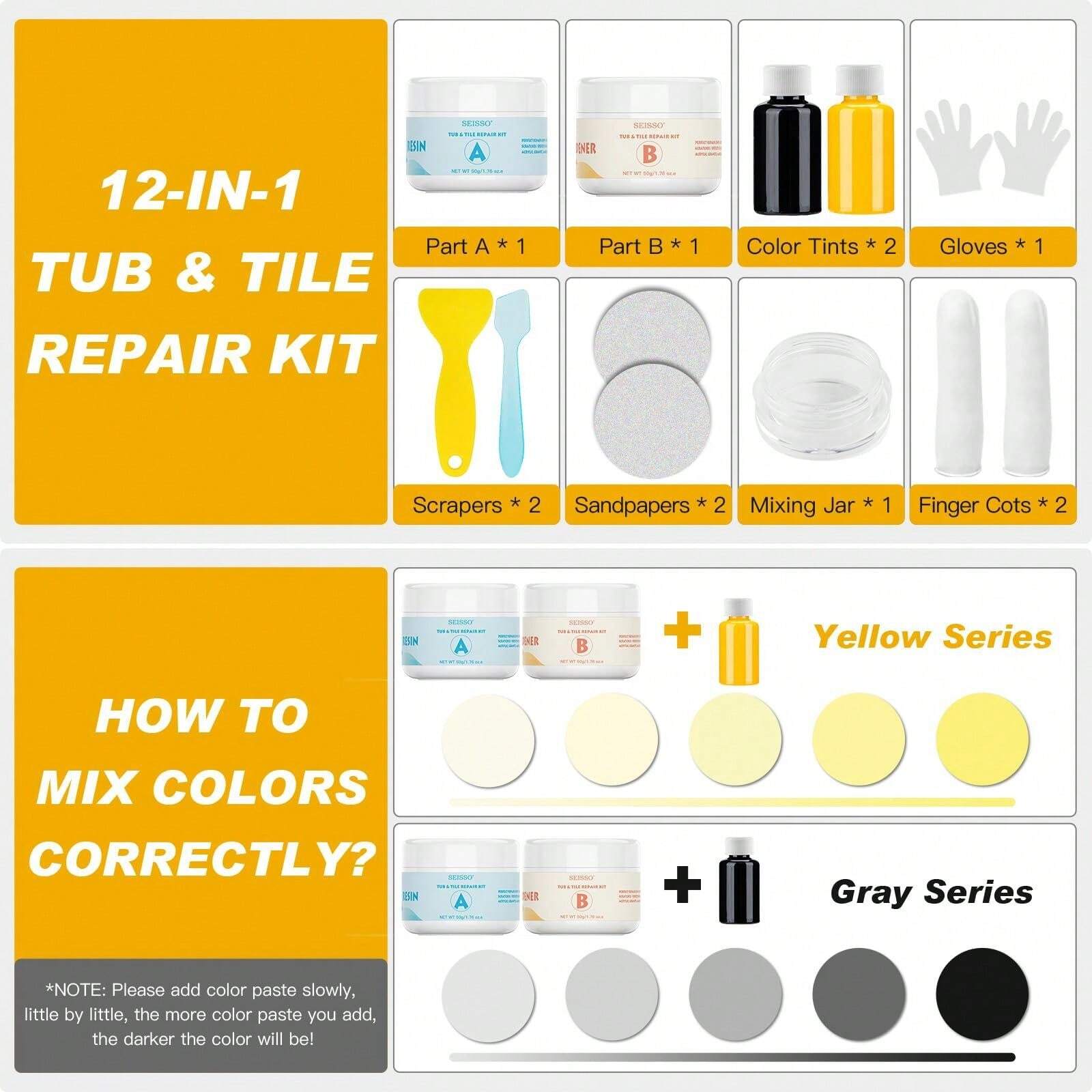 Porcelain Repair Kit, Tub & Tile Repair Kit (Color Match), Fiberglass