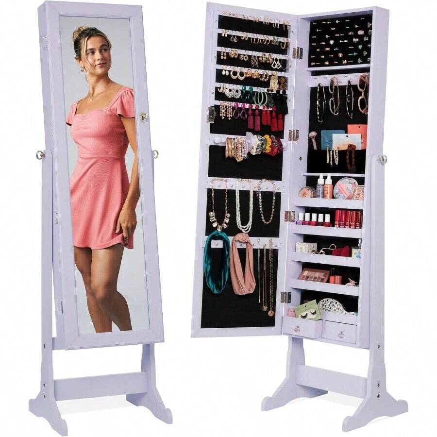 Freestanding Jewelry Armoire Cabinet, Full Length Standing Mirror, Lockable Makeup Storage Organizer, W/Velvet Lining, 3 Angles, Lock, Accessory Pouch, 5 Shelves - Lavender - 查看 1