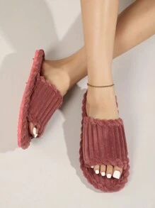 女士厚底羊毛拖鞋，露趾室内/室外保暖毛绒拖鞋，内里填充泡沫，适合秋冬季节，毛绒鞋，蓬松拖鞋 - 玫瑰紅 - 查看 5