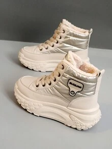 1 双女士休闲运动风格系带字母图案 PU 高帮户外滑板运动鞋，温暖舒适 - 米色 - 查看 5