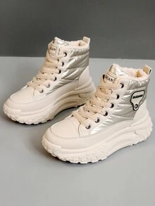 1 双女士休闲运动风格系带字母图案 PU 高帮户外滑板运动鞋，温暖舒适 - 米色 - 查看 7