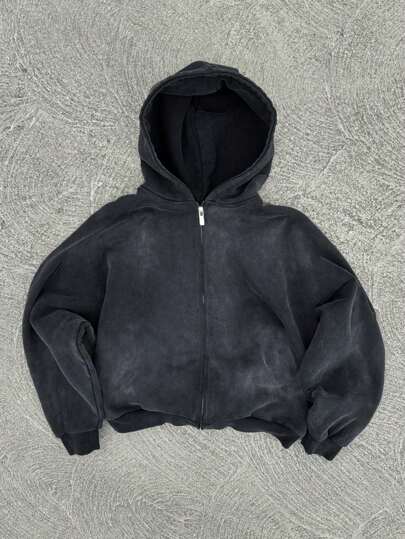 男士休闲水洗复古前拉链连帽衫，适合春秋季穿着