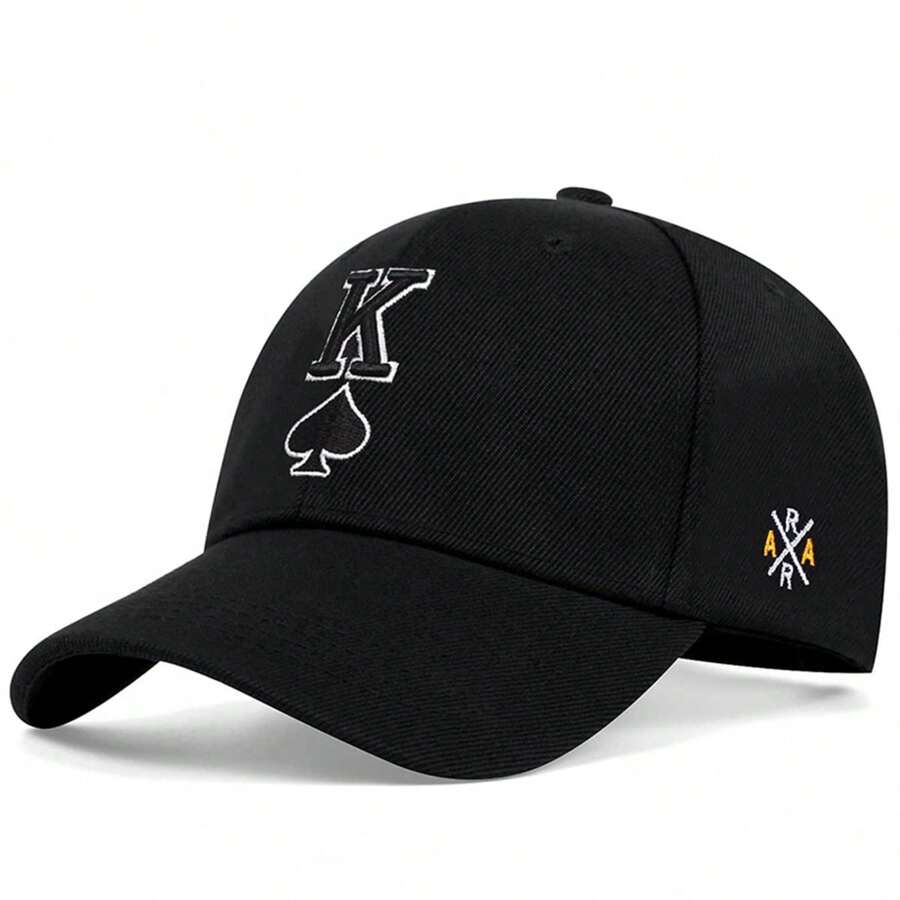 1Piece Men Poker Spades K Embroidered Baseball Cap Outdoor Adjustable Sunscreen Leisure Hat Spring Autumn Travel Tourism Beach Vacation - 黑色 - 查看 1