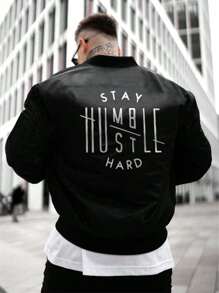 Men's Letter Print Casual Rave Baseball Jacket, Zipper Up Long Sleeve Outerwear, For Spring And Autumn