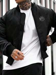 Men's Letter Print Casual Rave Baseball Jacket, Zipper Up Long Sleeve Outerwear, For Spring And Autumn