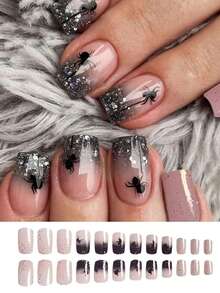 24pcs Short Square Nail Art Halloween Gradient Black Spider Glitter False Nails, Removable Fake Nails Suitable For Women To Wear On Halloween