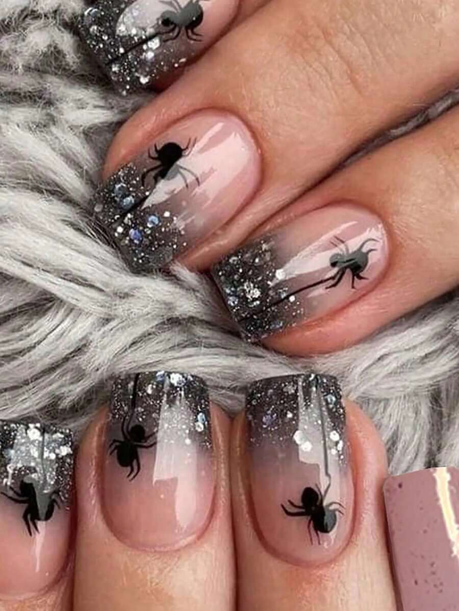 24pcs Short Square Nail Art Halloween Gradient Black Spider Glitter False Nails, Removable Fake Nails Suitable For Women To Wear On Halloween