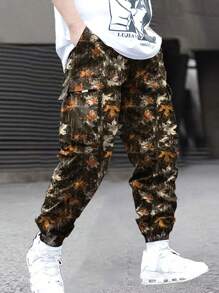 1pc Simplistic Teenage Boys' Casual Street Style Outdoor Full Maple Leaf Allover Print Pocketed Cargo Pants, Spring/Autumn - Orange - View 3