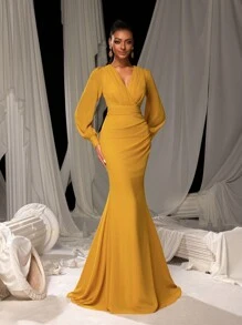 Faeriesty Đầm maxi dáng đuôi cá dài tay phồng cổ chữ V chéo thanh lịch dành cho nữ, thiết kế ôm sát thoải mái, kiểu dáng cổ điển thời trang, phù hợp cho thảm đỏ, dạ hội, đám cưới, tiệc sang trọng, vũ hội hóa trang, tiệc vườn, tiệc tối trang trọng, sự kiện thắt cà vạt đen, dạ hội tốt nghiệp và tiệc sinh nhật. - Màu vàng - Xem 5
