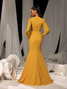 Faeriesty Đầm maxi dáng đuôi cá dài tay phồng cổ chữ V chéo thanh lịch dành cho nữ, thiết kế ôm sát thoải mái, kiểu dáng cổ điển thời trang, phù hợp cho thảm đỏ, dạ hội, đám cưới, tiệc sang trọng, vũ hội hóa trang, tiệc vườn, tiệc tối trang trọng, sự kiện thắt cà vạt đen, dạ hội tốt nghiệp và tiệc sinh nhật. - Màu vàng - Xem 3