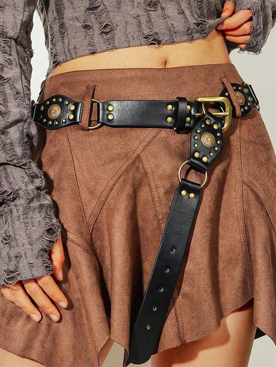 1pc Western Cowboy Style Wide Waist Belt With Metal Circular Buckle, PU Leather With Rivet Decor For Women Boho Halloween - màu đen - Xem 1