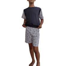 Roupa de dormir verão pijama curto menino malha 100% algodão juvenil manga curta meia estação confortável estampado adolescente 12 14 16 18 20 Carro - Cinza - Visão 2