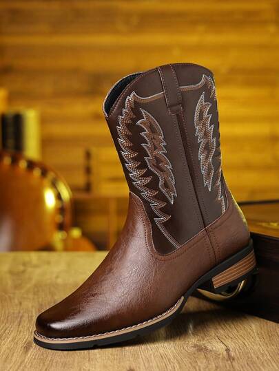 大码男士高帮刺绣西部牛仔靴，时尚拼色马靴方头