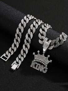 قلادة رجالية بسلسلة عنق قطعة واحدة من التاج الملكي المرصع بالراين ستون بطراز أوروبي وأمريكي هيب هوب، إكسسوارات قلادة