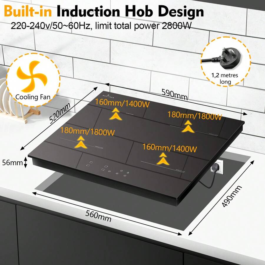 DELITEER Induction Hob 4 Ring With Plug, Electric Induction Hob 4 Zone