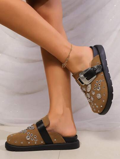 Women's Fashion Comfortable Rivet Decor Block Heel & Platform Black Loafers