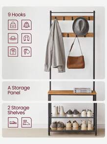 VASAGLE Coat Rack, Hallway Cabinet, Cloakroom, Clothes Rack With Bench And Shoe Rack, Metal Frame, Height 175 Cm, Industrial Style, Walnut Brown And Black - Chocolate Brown - View 8
