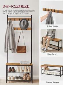 VASAGLE Coat Rack, Hallway Cabinet, Cloakroom, Clothes Rack With Bench And Shoe Rack, Metal Frame, Height 175 Cm, Industrial Style, Walnut Brown And Black - Chocolate Brown - View 3
