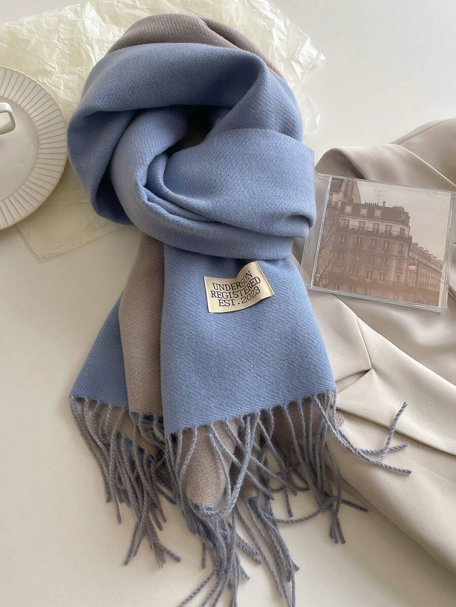 1条女士冬季围巾，米色仿羊绒披肩，加厚保暖纯色双面毯式围巾，带流苏，户外披肩配饰 - 淡藍色 - 查看 1