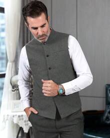 Men's High Collar Vests Traditional Vest Mens Herringbone Wool Suit Vests Business Tweed Waistcoats Jacket - Xám - Xem 3