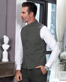 Men's High Collar Vests Traditional Vest Mens Herringbone Wool Suit Vests Business Tweed Waistcoats Jacket - Xám - Xem 2