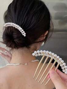 2pcs/1pc Ladies' Alloy Faux Pearl Hair Clip Comb, Rhinestone Edge Comb, Elegant Daily Hair Accessories, Bridal Hair Accessories, Hairpin Clip, Antique Style Combs For Hair Side Comb
