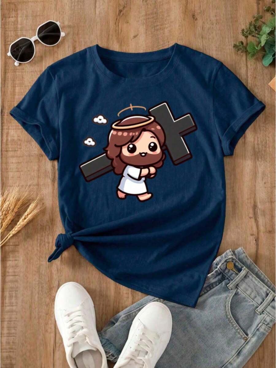 Women's Religious Printed T-Shirt Jesus Carrying Cross - 藏蓝色 - 查看 1