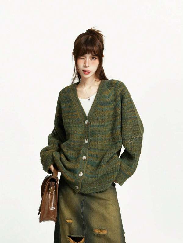 Cárdigan holgado de punto con cuello en V, efecto degradado a rayas y caída de hombros, diseño oversize y caído, para mujer, otoño/invierno