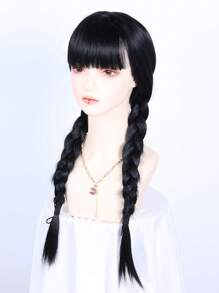 22 Inch Wednesday Addams Wig Costume Girls Black Straight Braided Wig With Bangs Synthetic Wigs For Party Daily Role Play Cosplay Use - Natural Black - View 6