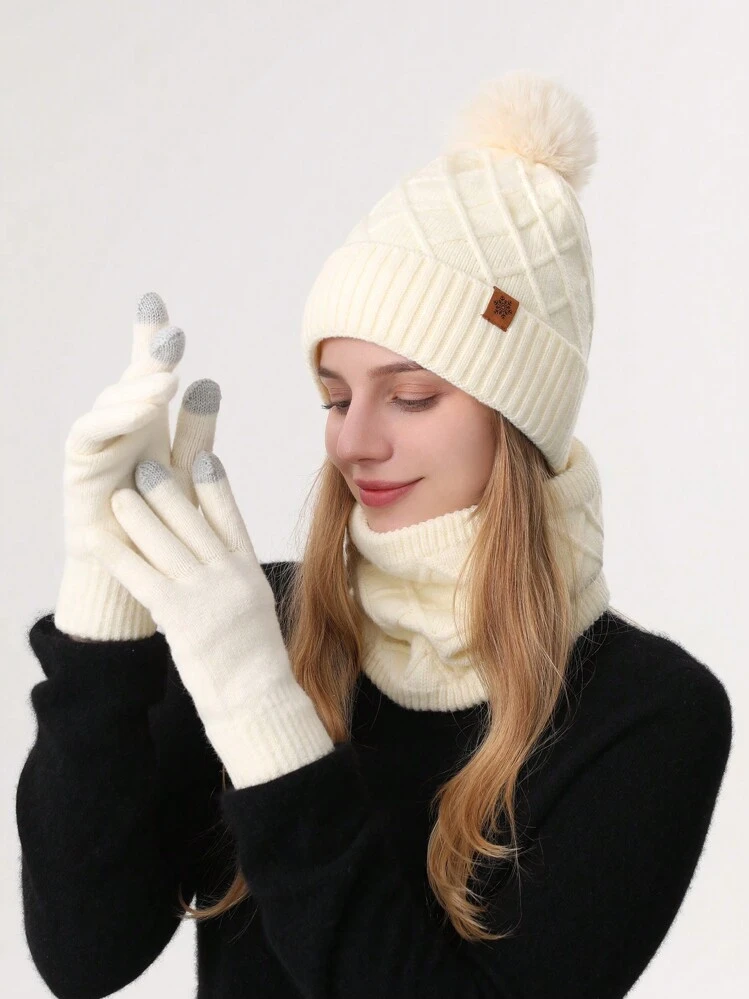 1-3 peças/Conjunto Gorro de Tricô de Inverno para Mulheres, Aquecedor de Pescoço e Luvas Touch Screen, Forro Térmico de Dupla Camada, Tecido Jacquard Estampado com Pompom, Textura de Floco de Neve, Adequado para Esqui, Viagem, Direção, Encontros, Presente para Mulheres, Acessórios de Inverno para Uso Diário, Roupas de Inverno, Presente de Dia dos Namorados - Multicolorido - Visão 17