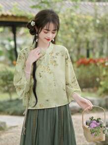 春季清新绿色中国风书法印花适合中国新年、日常、街头、通勤、居家等场合穿着中式服饰汉服上衣 - 綠色 - 查看 8
