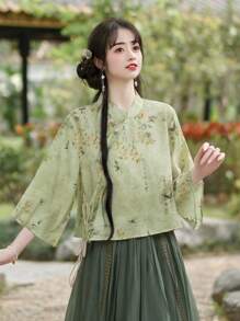 春季清新绿色中国风书法印花适合中国新年、日常、街头、通勤、居家等场合穿着中式服饰汉服上衣 - 綠色 - 查看 9