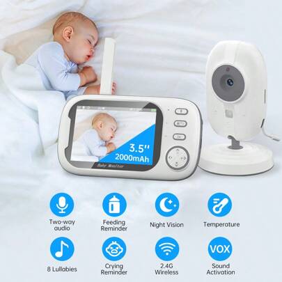 1pc Baby Monitor With 3.5 Inch Rechargeable Screen, Two-Way Talk, Temperature Monitoring With Alarm, Feeding Reminder, Night Vision, 8 Lullabies, Suitable For Indoor, Home, Nursery, Powered By 2 USB Charging Cablesbaby Shower Family Decorations Gifts